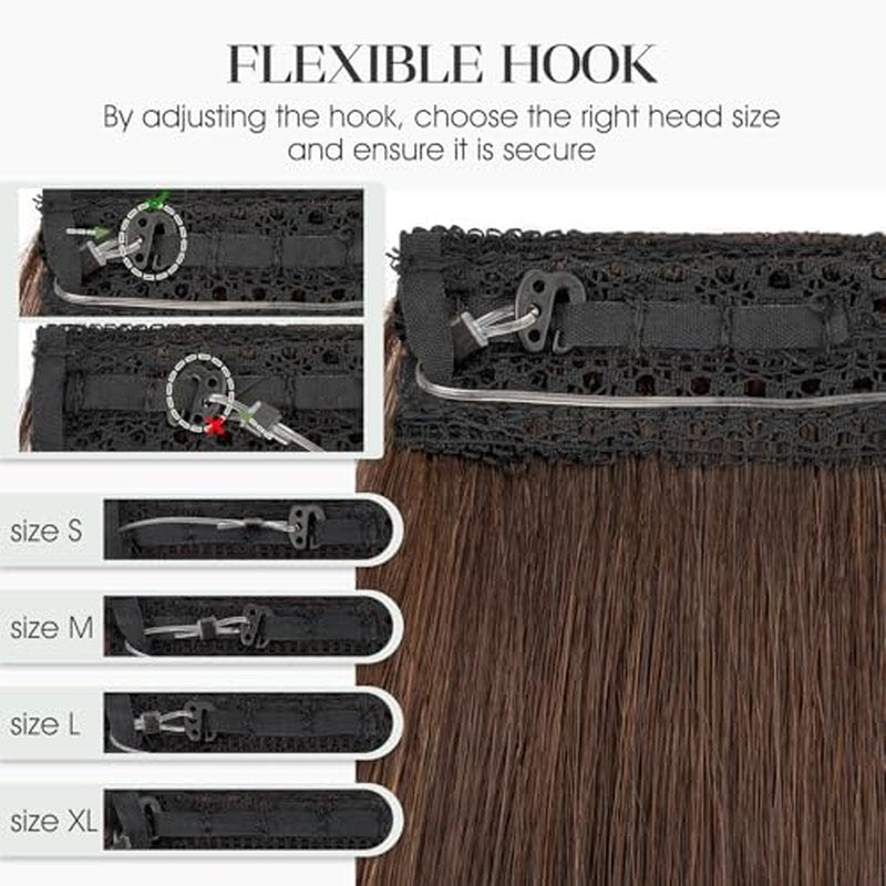 Halo Hair Extensions Real Human Hair Invisible Wire Extensions with Transparent Fish Line Adjustable Size Dark Brown 20 inch