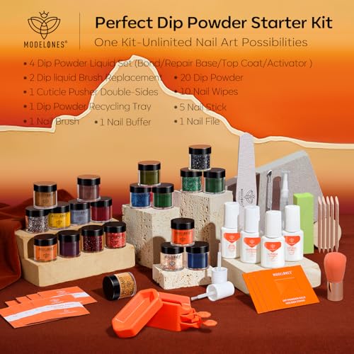Modelones Fall Dip Powder Nail Kit 20 Colors, Orange Red Green Brown Glitter Dipping Powder Starter Set Base&Top Activator Liquid French Nail Art Salon DIY Kit Gifts for Women