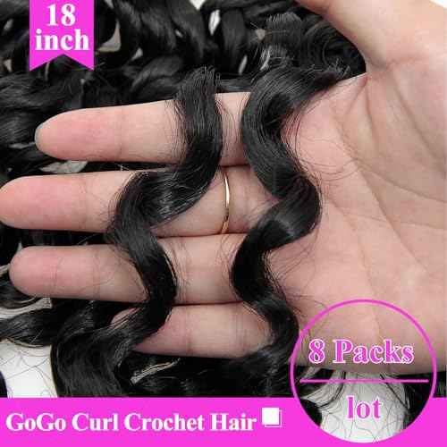18 Inch Pre Looped Crochet Hair for Black Women - Gogo Curl/Beach Curl/Ocean/Water/Deep Wave Crochet Hair 8 Packs, Synthetic Hair Tangle-Free Natural Look Curly Hair Extensions (1B/BUG)