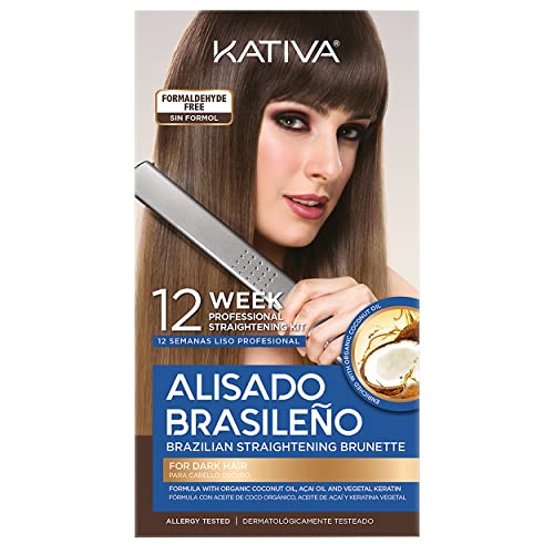 Kativa Brazilian Straightening Brunette Kit, 12 Weeks of Home Use Professional Straightening, with Organic Coconut Oil, A?ai Oil, and Keratin, for Straighter, Softer and Shinier Dark-Coloured Hair