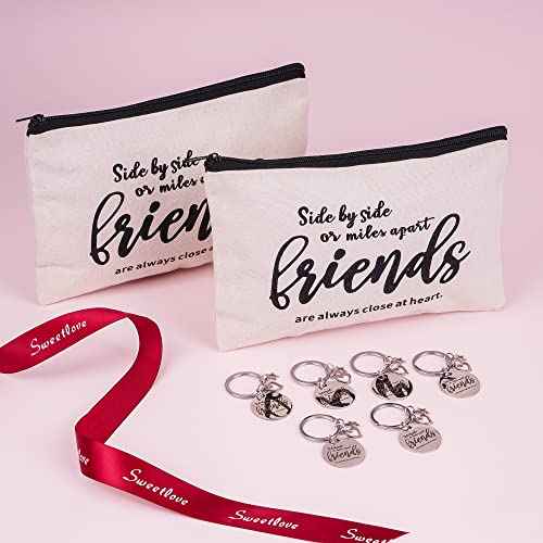 Kolewo4ever 12pc Friend Appreciation Gift Set: 6 Cosmetic Bags & 6 Keychains, White, Letter Print, Zipper Closure, Lightweight, Easy to Clean, Durable, Women Adults, Gift, Travel, Organization
