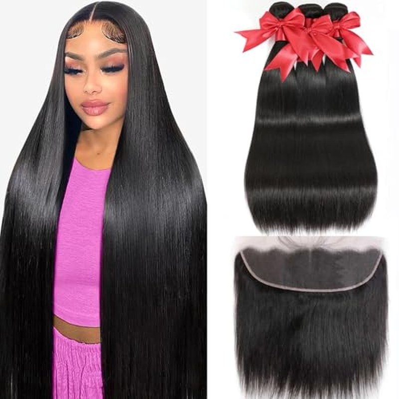 12A Straight Bundles with Frontal Human Hair 16 18 20+14 Inch Brazilian Human Hair Bundles with Frontal 100% Unprocessed Virgin Weave Hair with 13x4 HD Lace Closure