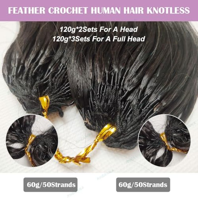 Feather Crochet Human Hair Extensions Wet and Wavy Knotless Pre-Separated Crochet Hair Extensions Human Hair With String In The Middle Braid 22inch 60g
