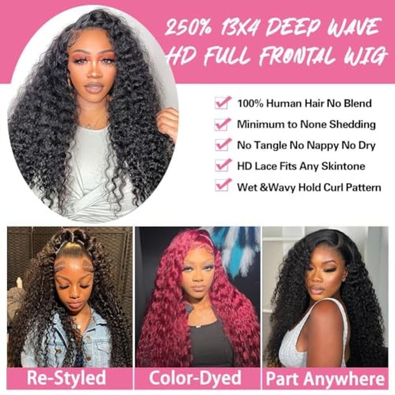 250 Density Deep Wave Lace Front Wigs Human Hair Curly Wig Wet and Wavy Lace Front Wigs Pre Plucked Frontal Wigs 26 Inch 100% Real Human Hair No Synthetic No Tangle No Shedding Triple Lifespan 3X