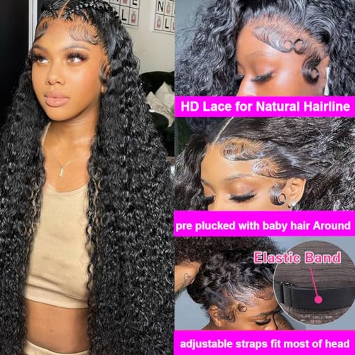 Rozilo Aomllute 30 Inch Deep Wave Lace Front Wigs Human Hair 200 Density 13x4 HD Lace Frontal Wigs Human Hair Pre Plucked Deep Curly Glueless Wigs Human Hair for Women Natural Black
