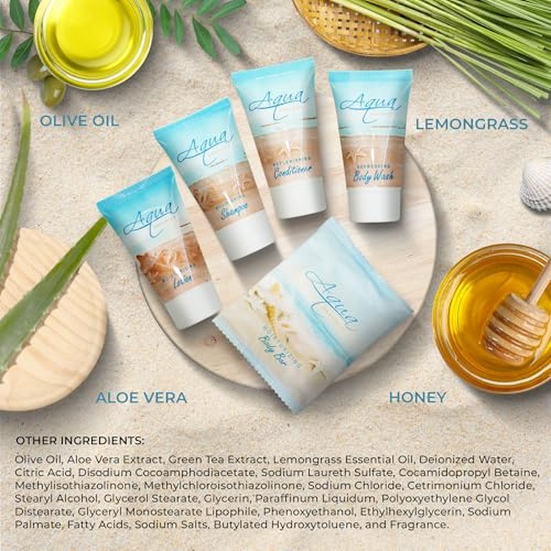 Aqua Organics Hotel Soaps & Toiletries Bulk Set | 1-Shoppe Amenities Kit | 1oz Shampoo & Conditioner, Body Wash, Lotion, 1oz Bar Soap | Travel Size | 150 Pieces