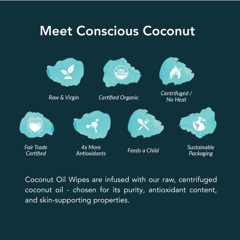 Conscious Coconut Individual Coconut Oil Wipes - For Face and Body - Soothing, Moisturizing, Sunburns, Makeup Remover, Cold-Pressed, Virgin Coconut Oil (25 Count)