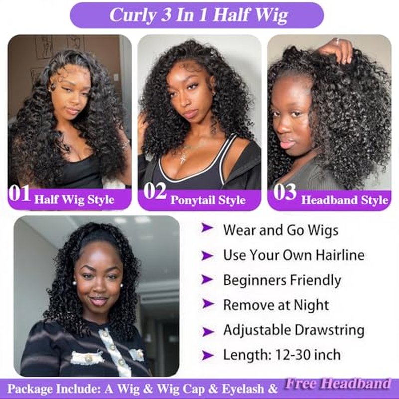 Half Wig Human Hair Deep Wave Glueless Wigs Human Hair Curly Half Wig 200% Density Drawstring Seamless Flip Over Half Wigs for Women Invisible Hairline Beginner Friendly Headband Wig 20 Inch