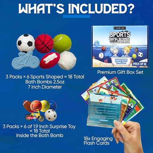 Bath Bombs for Boys with Toys Inside W/Flash Cards - Sports Bath Bombs for Kids - Gift Set of 18 Scented Organic Handmade - 2.5 oz with Natural Essential Oils - 18 Pack