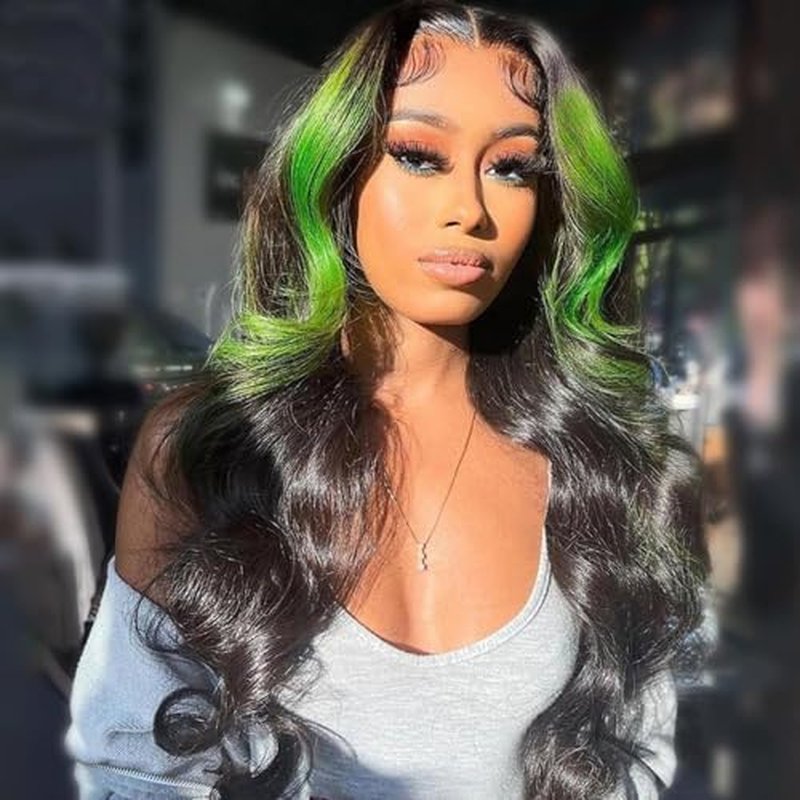 JYZ Skunk Stripe Human Hair Lace Front Wig Green Highlights Wig, Wavy, 13X4 HD Lace Front Wigs Human Hair 200% Density Pre Plucked with Baby Hair 20inch Middle Part