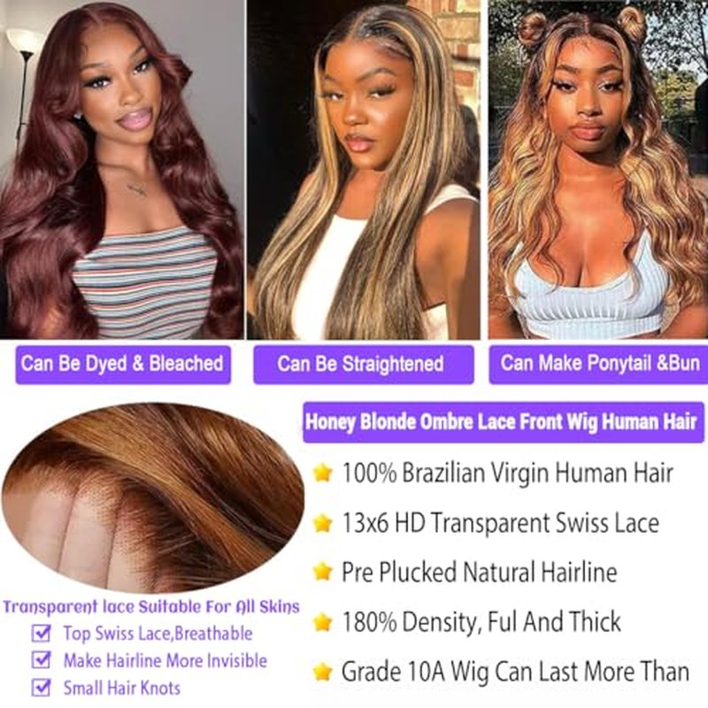 Honey Blonde Ombre Lace Front Wig Human Hair Highlight 13X6 Body Wave Lace Front Wigs Human Hair Pre Plucked 180 Density 4/27 Glueless HD Lace Frontal Wig for Women 24 Inch