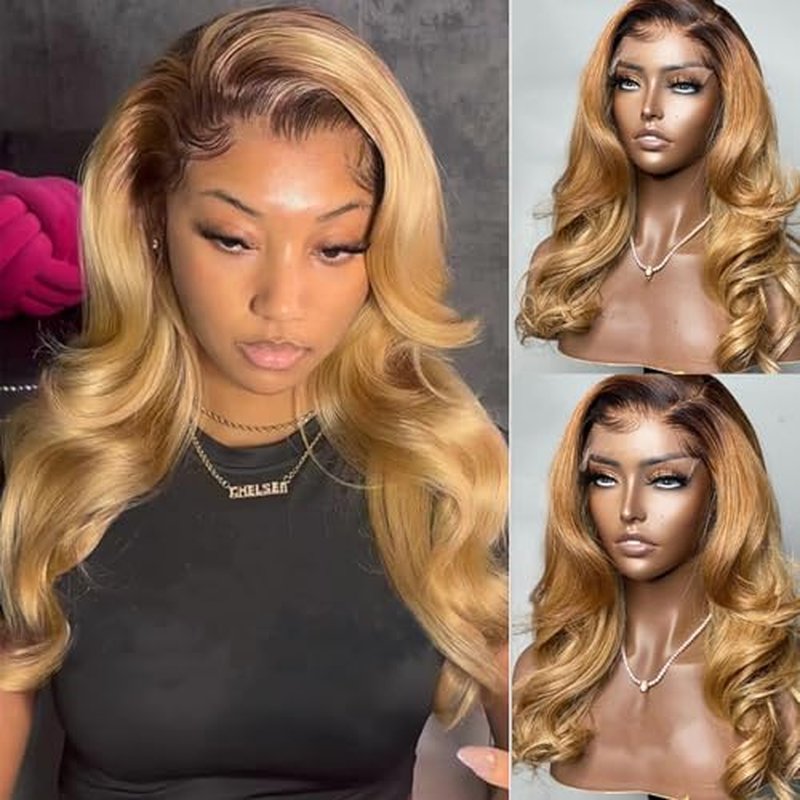 Smavida Highlight Ombre Body Wave HD Transparent Lace Front Wigs Human Hair,13x6 Honey Blonde Body Wavy Lace Frontal Wig Ombre Lace Front Wigs Human Hair for Women Pre Plucked with Bleached Knots 24¡±