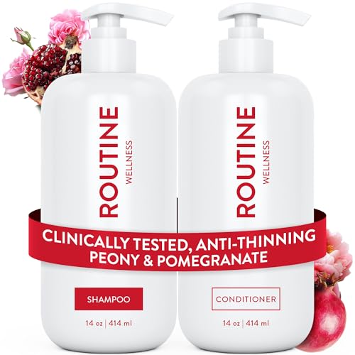 Routine Wellness Anti-Thinning Shampoo and Conditioner Set for Thinning Hair - Biotin DHT Blocker Women & Men - Color Safe Shampoo for Hair Loss & Healthier Hair - Peony & Pomegranate (Pack of 2)