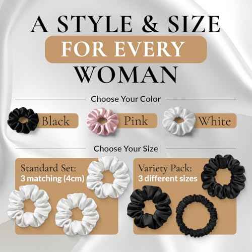 100% Pure 22 Momme Mulberry Silk Scrunchies (Set of 3) | Highest grade (6A) Luxury Hair Ties| (Black,White,Pink) | (Pink, Standard)