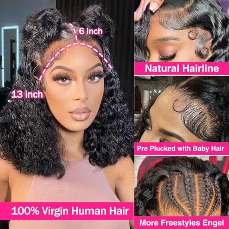 Bob Wig Human Hair 13x6 Deep Wave HD Lace Front Wigs Human Hair 250% Density Bob Curly Lace Frontal Wigs Brazilian Virgin Human Hair Wigs Pre Plucked with Baby Hair (Natural Color,14Inch)
