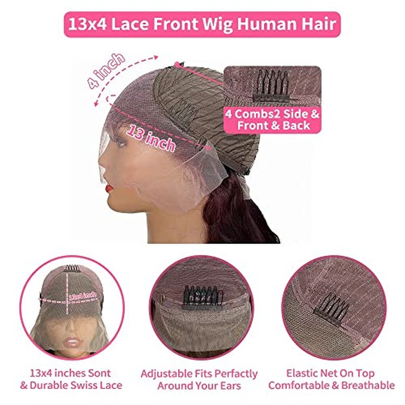 Burgundy Body Wave Lace Front Wigs Human Hair Pre Plucked with Baby Hair 180% Density 13x4 HD Transparent Glueless Lace Frontal Wigs for Women Natural Hairline (24inch)