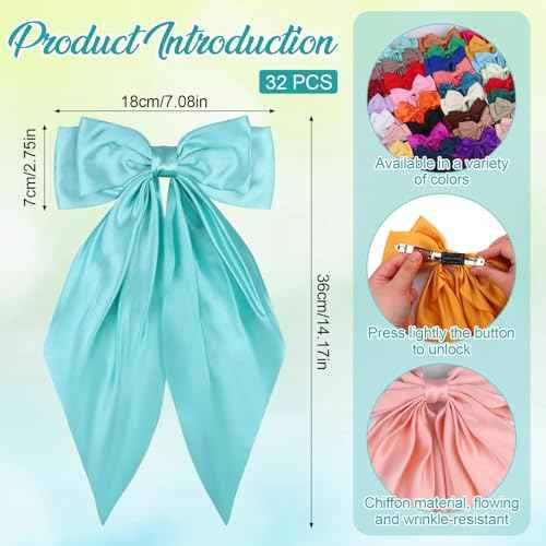 32Pcs Satin Hair Bows Bulk Big Hair Bows for Women Large Hair Ribbons Silky Satin Oversized Hair Bows Long Tail Large Hair Barrettes Hair Cute Oversized Bow Hair Clips with Long Tails