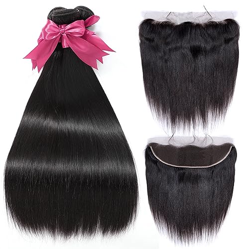 12A Straight Bundles with Frontal Human Hair 16 18 20 with 14 Inch Brazilian Human Hair Bundles with Closure 100% Unprocessed Virgin Hair Weave Bundles with 13x4 HD Lace Frontal