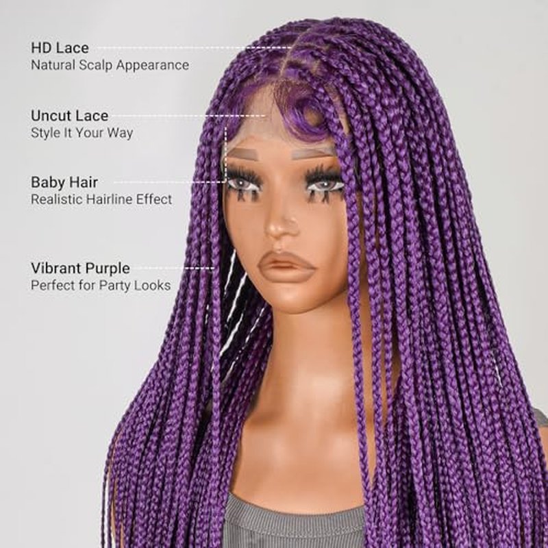 YMSGlRL 36 Inch Purple Knotless Braided Wigs for Women Box Braided Full Lace Premium Synthetic Wig with Baby Hair Long Box Braid Wig with Natural Hairline Look