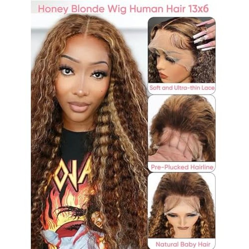 NOELLA Highlight 13x6 HD Lace Front Wigs Human Hair 20 Inch Honey Blonde Ombre Water Wave Lace Frontal Human Hair Wigs 210% Density Wet and Wavy Highlighted Curly Glueless Wig For Black Women