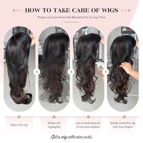 Aisaide Highlight Honey Brown Mix Dark Blonde Long Wavy Wig Layered with Curtain Bangs for Black Women Synthetic Highlight Brown Layered Wig Long Wavy Shaggy for Women 24inch