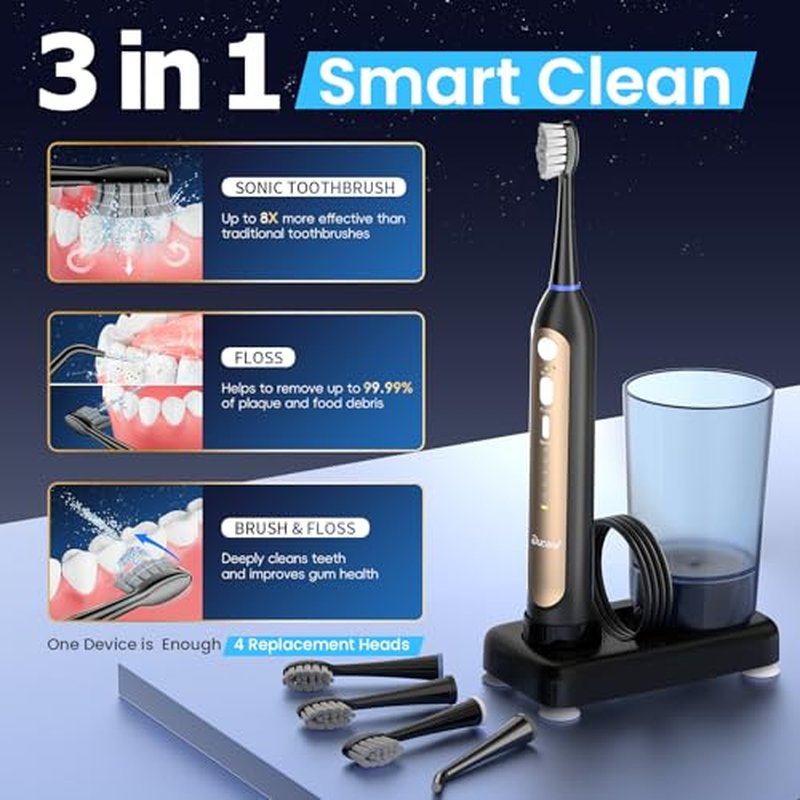 Water Flosser & Ultrasonic Electric Toothbrush Combo, 3-Mode Flossing Toothbrush with 5 Adjustable Speeds for Deep Clean, Wireless Fast Charge & 30-Day Portable Power for Travel Kit, Gift (Black)