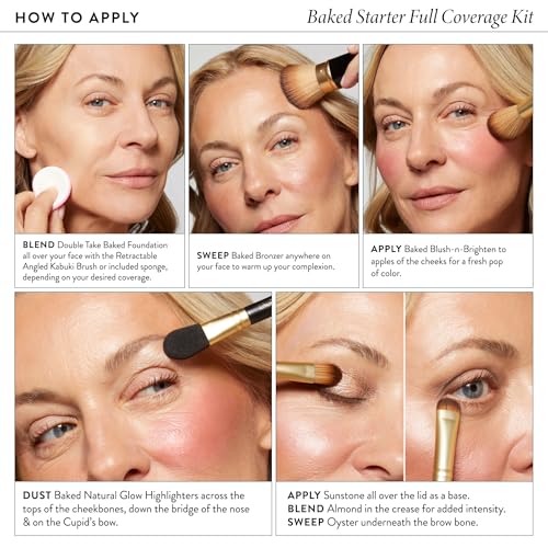 LAURA GELLER NEW YORK Baked Starter Kit - Full Coverage: Double Take Powder Foundation, Sand + Best of the Best Face Palette + Retractable Angled Kabuki Brush
