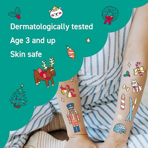Omy Christmas Temporary Tattoos for Kids - 50 Festive, Colorful Designs with Santa, Gifts, and Snowflakes | Easy to Apply, Safe & Long-Lasting | Age 3 and Up