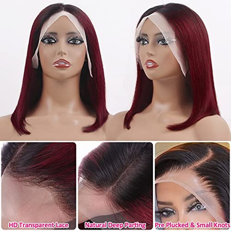 Flady 1B 99j Bob Wig Human Hair 13x4 HD Frontal Lace Wig 150% Density 1B Burgundy Lace Front Wigs Human Hair Pre Plucked Red Frontal Bob wig Short Straight Bob Wigs for Black Women 14 inch