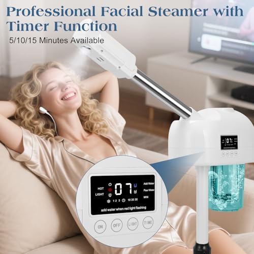 Professional Facial Steamer, Hot Mist Spray, Stand Facial Steamer for Esthetician, Timer Function, Vaporizador Face Steamer on Wheel, for Home Salon SPA