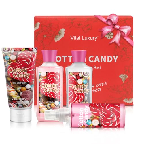 Cotton Candy Bath and Body Gift Set - 4-Piece Travel Kit with Body Lotion, Shower Gel, Body Cream & Fragrance Mist (3 Fl Oz) - Natural Extracts, Personal Self Care Kit for Women/Men