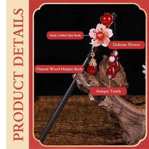 6 Pcs Chinese Hair Sticks for Women Wooden Japanese Hair Chopsticks Accessories Retro Red Cherry Clips Handmade Flower Tassel Geisha Costume for Girls Long Hair (Set A)
