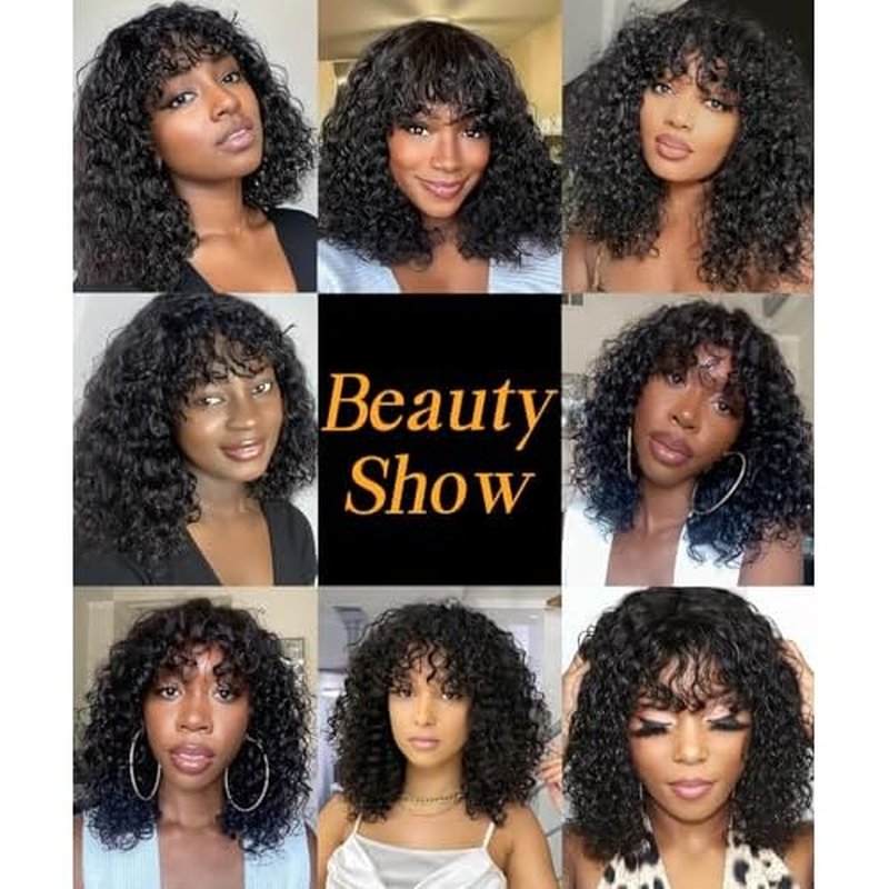 Bob Wig with Bangs Human Hair Water Wave 2x4 HD Lace Closure Front Curly Wigs Human Hair Bang Wig 220 Density Glueless Wear and Go for Beginners 100% Brazilian Human Hair for Black Women 14 Inch