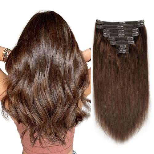 Clip in Hair Extensions Real Human Hair Chocolate Brown Hair Extensions Clip in Human Hair 8 Pcs 120g Straight Remy Hair Extensions(4,14inch)