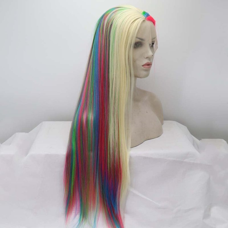 melody wig 613#Mixed Blonde Colorful Wig Synthetic Rainbow Lace Front Wigs Long Silky Straight Wig Heat Resistant Fiber Long Wigs