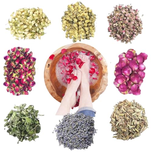 Dried Flowers Pedicure Foot Soak Kit,8 Bags Set for Dry Tired Feet,Including Rose Buds,Lavender,Jasmine,Chrysanthemum,Lemongrass,Mint, Peony,Peach Blossom