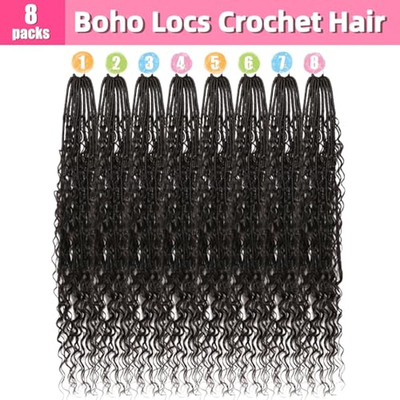 Soft Boho Locs Crochet Hair for Black Women-30 Inch 8 Packs Goddess Faux Locs Crochet Human Hair Feeling Pre Looped with Curly Ends(1B, 30 Inch(Pack of 8))