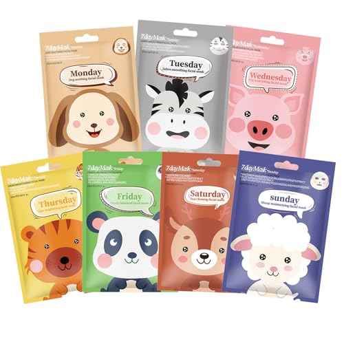 7 Pack Face Mask Skin Care for Kids, Animal Character Kids Face Mask, Spa Party Supplies for Girls, Sleepover Party Supplies for Girls, Teen Girl Gifts, Stocking Stuffers for Women