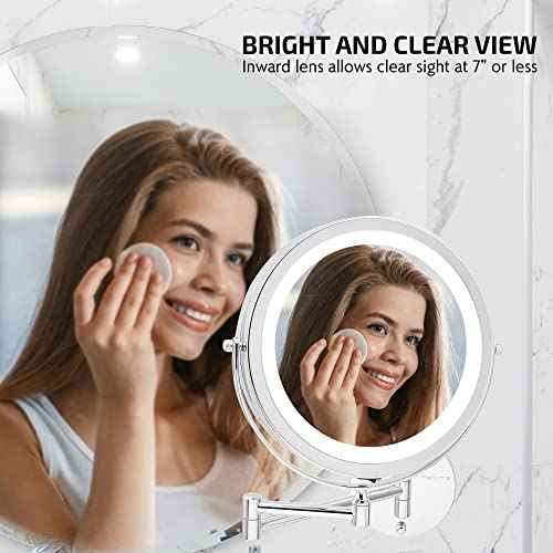 OVENTE Wall Mounted Lighted Makeup Mirror, 9" Double Sided 1X/10X Magnifying Vanity Mirror for Bathroom with LED Lights, Cordless, 360¡Æ Rotation and 13" Extendable Arm, Polished Chrome MFW85CH1X10X