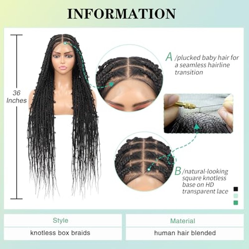 360¡Æ HD Full Lace Knotless Braided Wigs for Women Box Braid Wig with Baby Hair Premium Synthetic Natural Looking Black Butterfly Braided Lace Front Wigs 36 Inch
