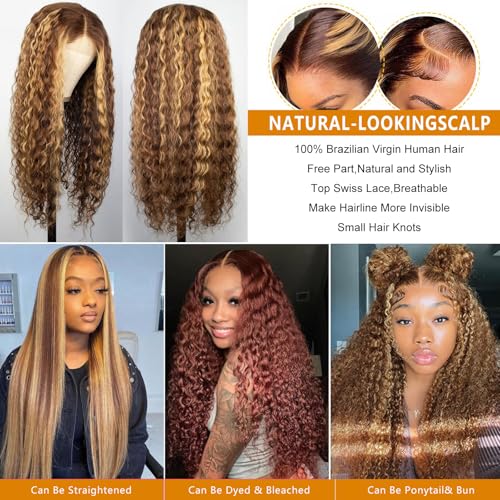 13x6 Highlight Ombre Lace Front Wig Human Hair 4/27 Honey Blonde Deep Wave Lace Frontal Wigs Human Hair Pre Plucked 200% Density Glueless Wig 20 Inch
