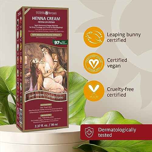Surya Brasil Light Brown Natural Henna Cream Hair Color Treatment for Gray Hair Coverage, Deep Conditioning Semi Permanent Hair Dye, 2.37 oz / 70 ml