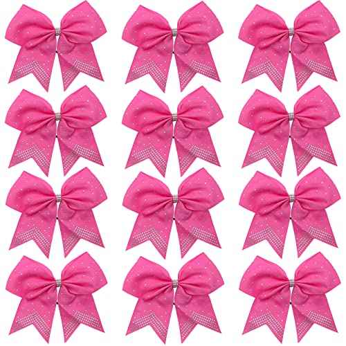 Hipcheer 12PCS 8" Rhinestones Large Cheer Hair Bows for Girls, Hand-made Grosgrain Ribbon Hair Accessories for Teen Girls Softball Cheerleader Sport (Hot Pink)