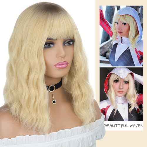 Ombre Blonde Wigs for Women Short Wavy Blonde Wig with Bangs Dark Roots Blonde Wig Medium Length Natural Synthetic Hair for Daily Party&Cosplay