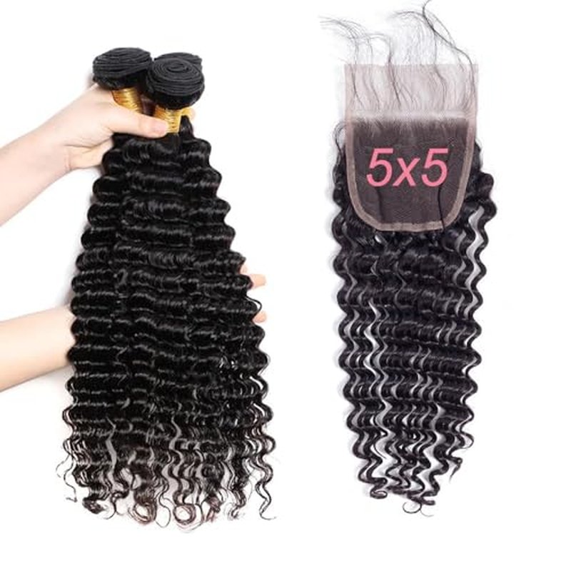 Deep Wave Bundles with Closure Human Hair 18 20 22 inch Human Hair Bundles with 16 inch 5x5 HD Lace Closure Free Part 100% Unprocessed Virgin Hair Bundle Deals Natural Color Soft