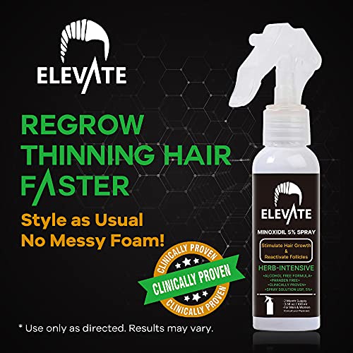 ELEVATE 5% Minoxidil Hair Growth Spray - Alcohol Free Non Oily Formula Extra Strength Professional Treatment for Hair Loss/Regrowth - Stimulate Hair Follicles for Men & Women - 1 Month Supply