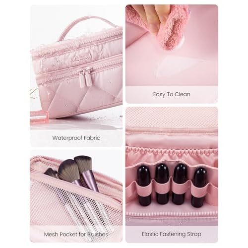 LOVEVOOK Travel Makeup Bag,Large Open Flat Tolietry Bag for Women,Waterproof Portable Cosmetic Pouch,Double Layer Quilted Makeup Bag Organizer With Handle,Travel Essentials,Gift for Her
