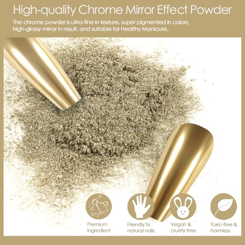 Allstarry Chrome Nail Powder Champagne Gold Metallic Mirror Effect Dust Glitter Glazed Manicure Decoration Reflective Pigment for Gel Polish Nail Art Decoration Resin Craft, Festivals