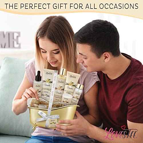 Mothers Day Gifts, Spa Basket for Women, Vanilla Bath & Body Set, Christmas & Birthday Gift, Includes Shower Gel, Body Lotion, Hand Cream, Body Scrub, Message Oil, Candle, Eye Mask, Confetti