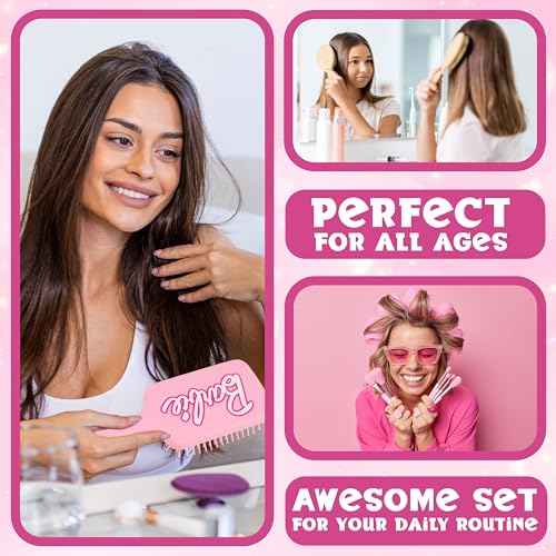 Barbie Detangle Hair Brush for Women Teenagers Girls, Paddle Brush and Compact Mirror Set - Gifts for Her